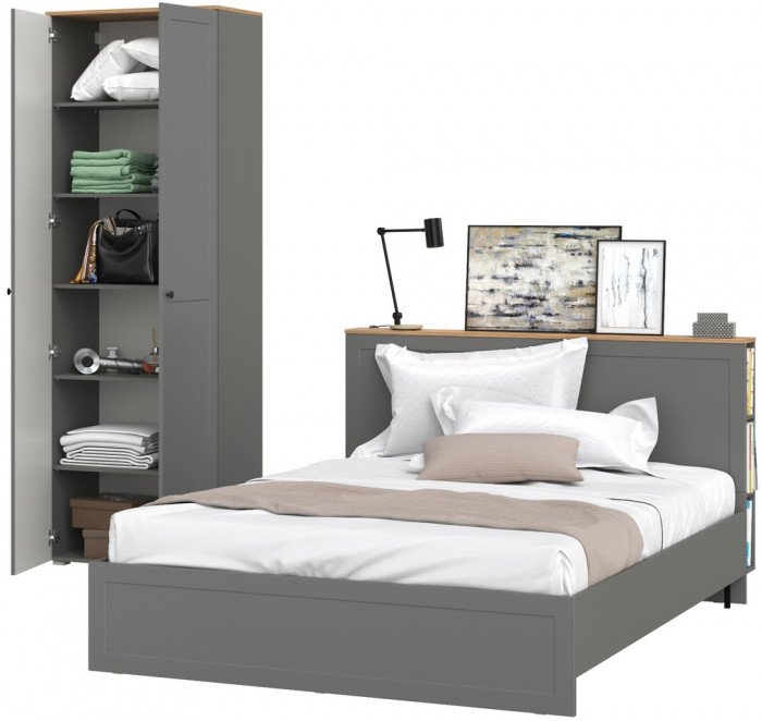 Остин 11.53 Кровать + ортопед + 16.307 Шкаф, серый графит/дуб крафт золотой