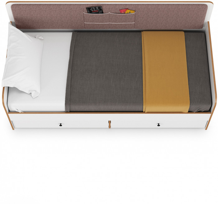 Вуди 11.02 Кровать цвет белый премиум/дуб крафт золотой/саванна латте, ШхГхВ 209,2х94,4х96,5 см, 900х2000 мм, б/м, осн. есть, матрас высотой до 200 мм