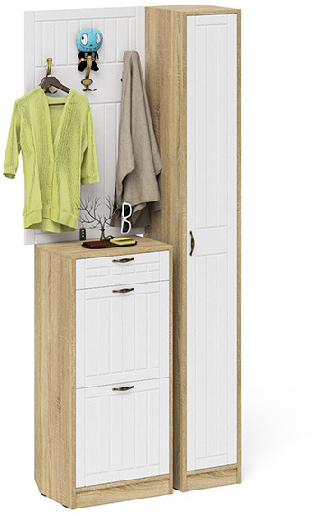 Прихожая П-6 Компоновка № 24, цвет дуб сонома/фасады МДФ белое дерево фрезеровка прованс, ШхГхВ 90х35х210 см., универсальная сборка