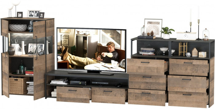 Трувор Гостиная 110, цвет дуб гранж песочный/интра, ШхГхВ 367,6х45,4х135,3 см., универсальная сборка