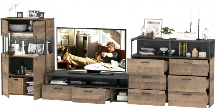 Трувор Гостиная 110, цвет дуб гранж песочный/интра, ШхГхВ 367,6х45,4х135,3 см., универсальная сборка