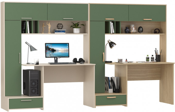 Два Стола письменных Лайт 03.243Н, цвет сатин/дымчатый зелёный/плэйн/дымчатый зелёный, ШхГхВ 300,4х57,3х179,9 см., НЕ универсальная сборка