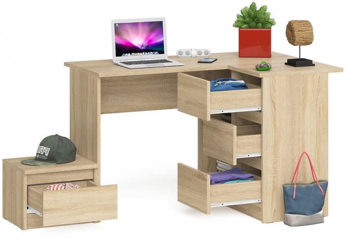 Мори компьютерный стол МС-16 правый + Тумба ТМП400.1, дуб сонома