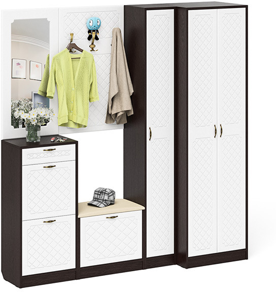 Прихожая П-6 Компоновка № 31, цвет венге/фасады МДФ белое дерево фрезеровка ромб, ШхГхВ 200х50х210 см., универсальная сборка