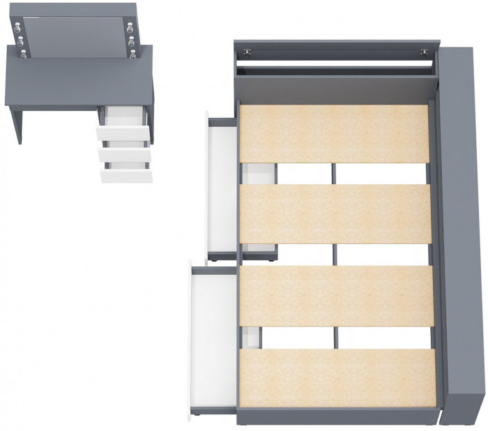 Ксения Кровать с ящиками 1200 + прикроватный блок + Столик с подсветкой Сура, графит/белый