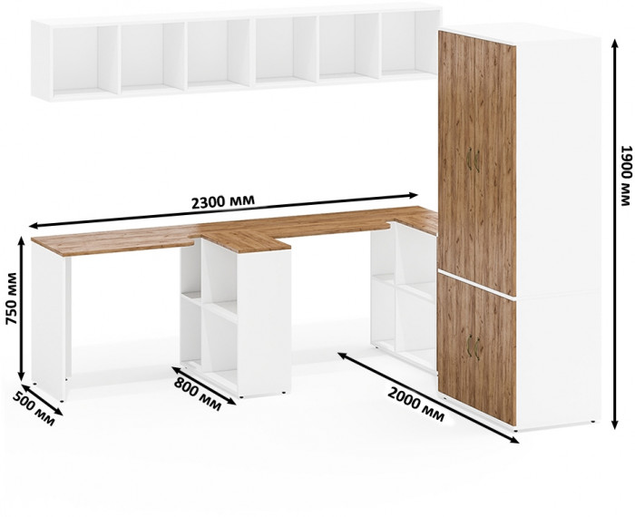 Лидер-8 Стол + Полка + Стол + Полка + Шкаф МД 19Б + Тумба МД 3.15, белый шагрень/крафт золото