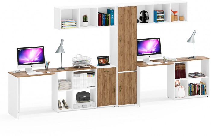 Лидер-8 Стол + Полка + Стол + Полка + Пенал МД 21Б + Тумба МД 3.15, цвет белый шагрень/крафт золото, 410х50х75/190 или 230х160/50х75/190, НЕ ун. сб.