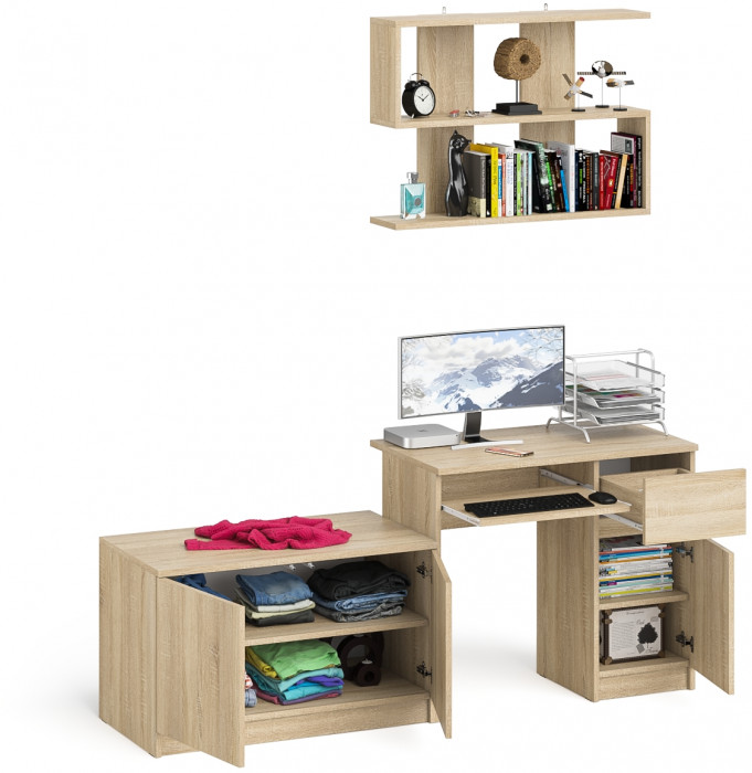 Мори компьютерный стол МС-1 правый + Тумба МА900.1 + Полка 900, дуб сонома