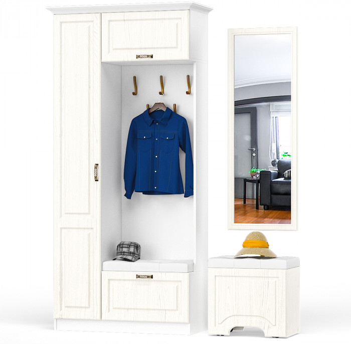 Ливерпуль Прихожая 13.21 + карниз 1000 + Зеркало 03.242 + Пуф 14.02, цвет ясень ваниль/белый, ШхГхВ 108,2х43,5х223,5 + 55х35х200 см., ун. сборка