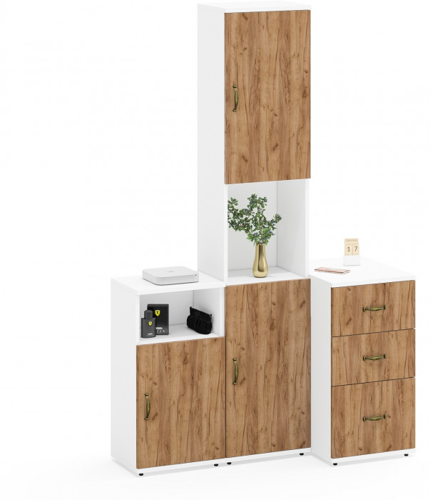 Лидер-8 Пенал + Тумба МД 3.16 + Тумба МД 3.19, белый шагрень/крафт золото