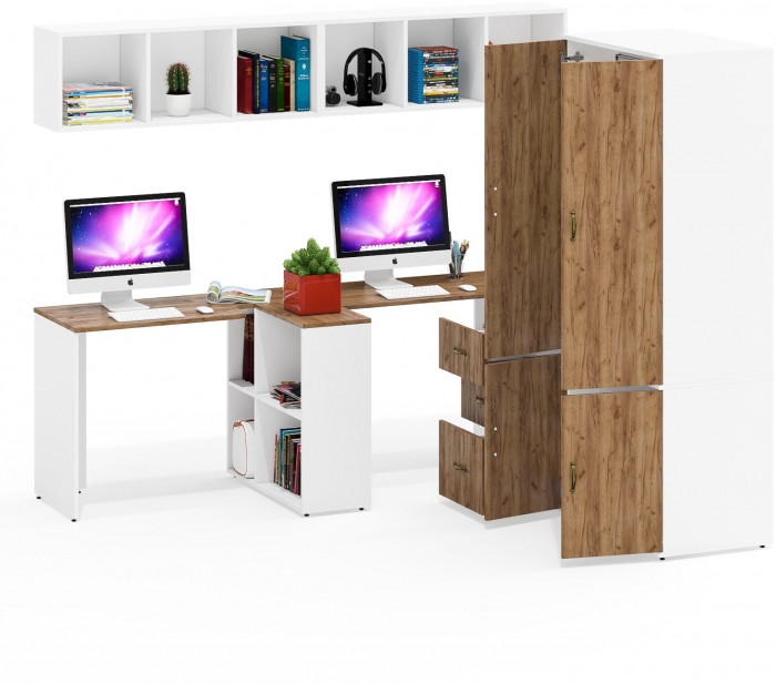 Лидер-8 Стол + Полка + Стол + Полка + Шкаф МД 19Б + Тумба МД 3.16, белый шагрень/крафт золото