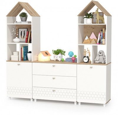 Эйп 13.14 Стеллаж + 13.322 Комод + 13.14 Стеллаж, цвет белый/дуб белый, ШхГхВ 191х41,5х183,8 см., универсальная сборка