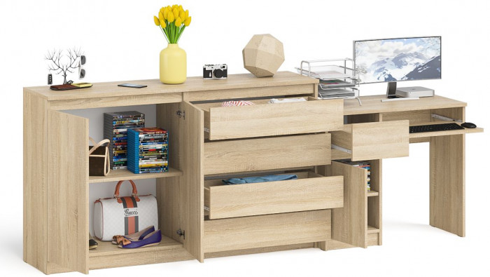 Мори Стол компьютерный МС-1 левый + Комод МК1600.1, цвет дуб сонома, ШхГхВ 250,4х50х94 см., выдвижной ящик слева, НЕ универсальная сборка