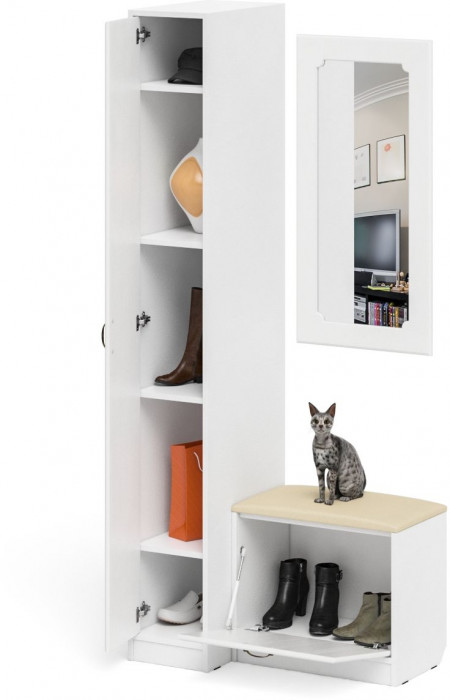 Прихожая П-6 Компоновка № 40, цвет белая шагрень/фасады МДФ белое дерево фрезеровка ромб, ШхГхВ 90х50х210 см., универсальная сборка