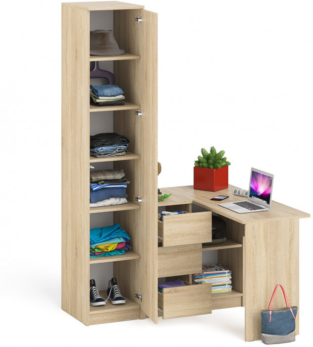 Мори Стол компьютерный МС-16 левый + Пенал МШ400.1, цвет дуб сонома, ШхГхВ 164,8х84,9х209,6 см., выдвижные ящики слева, НЕ универсальная сборка