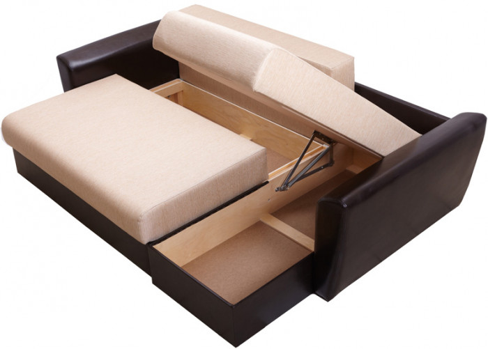 Диван-кровать угловой Амстердам, 160х200, еврокнижка, рогожка/экокожа, бежево-коричневый