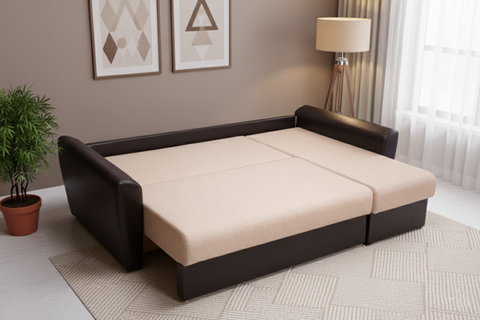 Диван-еврокнижка угловой Амстердам, 160х200, рогожка/экокожа бежево-коричневый