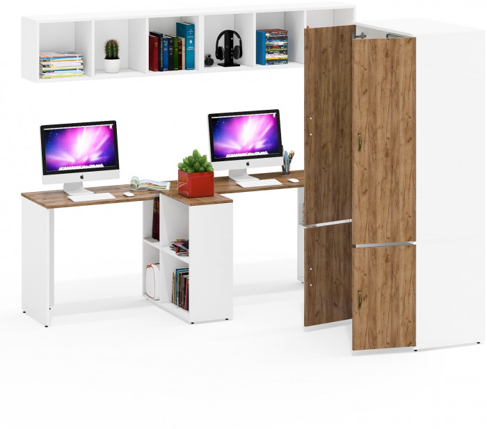 Лидер-8 Стол + Полка + Стол + Полка + Шкаф МД 19Б + Тумба МД 3.19, белый шагрень/крафт золото