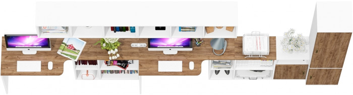 Лидер-8 Стол + Полка + Стол + Полка + Пенал МД 21Б + Тумба МД 3.19, цвет белый шагрень/крафт золото, 410х50/37,5х75/190 или 230х160/50х75/, НЕ ун. сб.