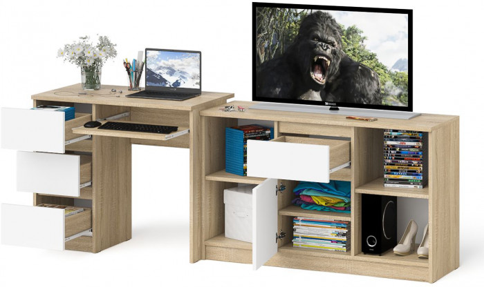 Мори Стол компьютерный МС-6 левый + Тумба МТВ1204.1, цвет дуб сонома/белый, ШхГхВ 210,4х50х76,6 см., выдвижные ящики слева, НЕ универсальная сборка