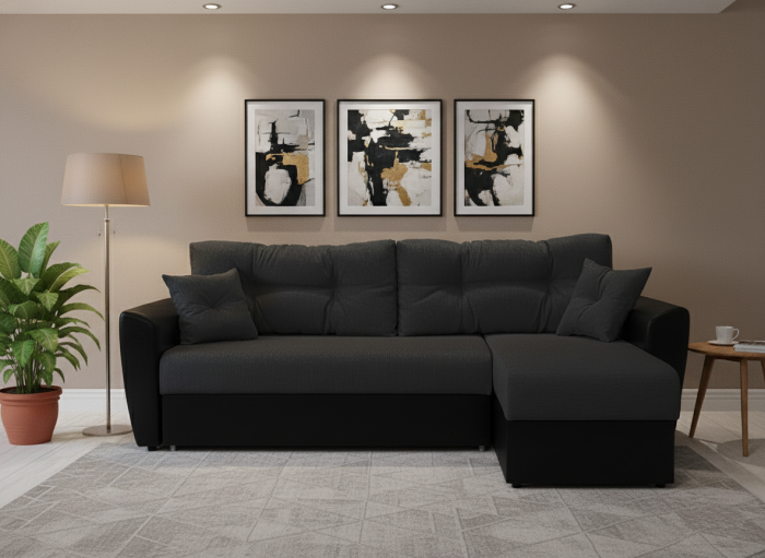 Диван-еврокнижка угловой Амстердам, 160х200, рогожка/экокожа черный