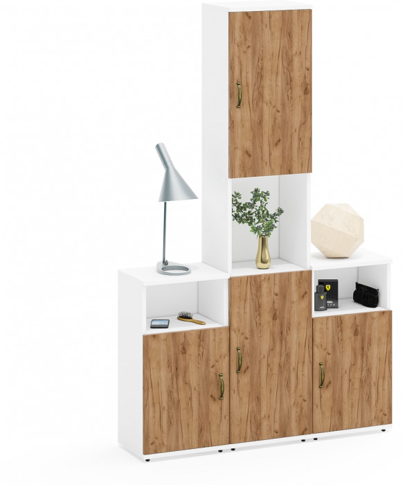 Лидер-8 Пенал + Тумба МД 3.19 + Тумба МД 3.19, белый шагрень/крафт золото