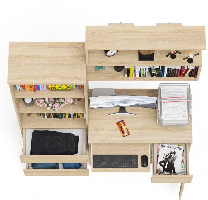 Мори компьютерный стол МС-1 правый + Стеллаж МСТ600.3 + Полка 900, дуб сонома