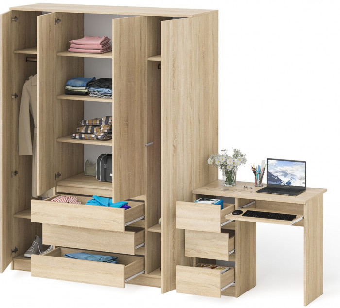 Мори Стол компьютерный МС-6 левый + Шкаф МШ1600.1, цвет дуб сонома, ШхГхВ 250,4х50,4х209,6 см., выдвижные ящики слева, НЕ универсальная сборка