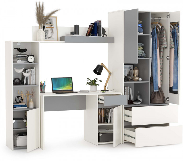 Торонто Компоновка № 04, цвет белый шагрень/стальной серый, ШхГхВ 240х53,1х195,7 см., универсальная сборка