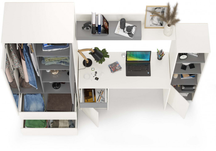 Торонто Компоновка № 04, цвет белый шагрень/стальной серый, ШхГхВ 240х53,1х195,7 см., универсальная сборка