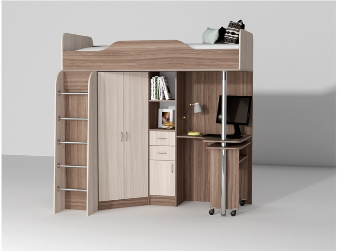 Кровать-чердак Бриз-1 80х190 (Дуб Крафт Золотой / Камень Темный)