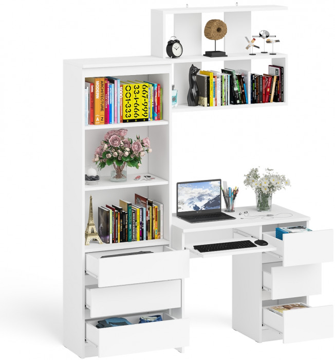 Мори Стол компьютерный МС-6 правый + Стеллаж МСТ600.3 + Полка 900, цвет белый, ШхГхВ 150,4х50х209,6 см., НЕ универсальная сборка