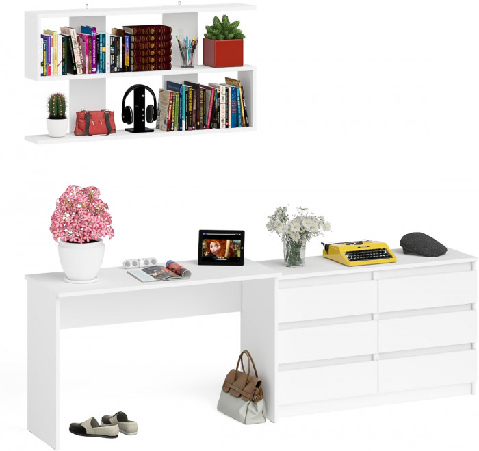 Мори Стол письменный МСП1200.1 + Комод МК1200.6 + Полка 1200, цвет белый, ШхГхВ 240,8х50х209,6 см., универсальная сборка