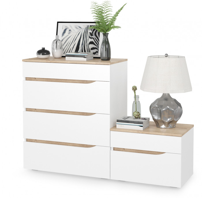 Муссон 13.97 Комод + 16.03 Тумба, цвет белый/дуб эндгрейн элегантный, ШхГхВ 133х39,4х92,6 см., четыре выдвижных ящика, ручки-вырезы, НЕ универс. сб.