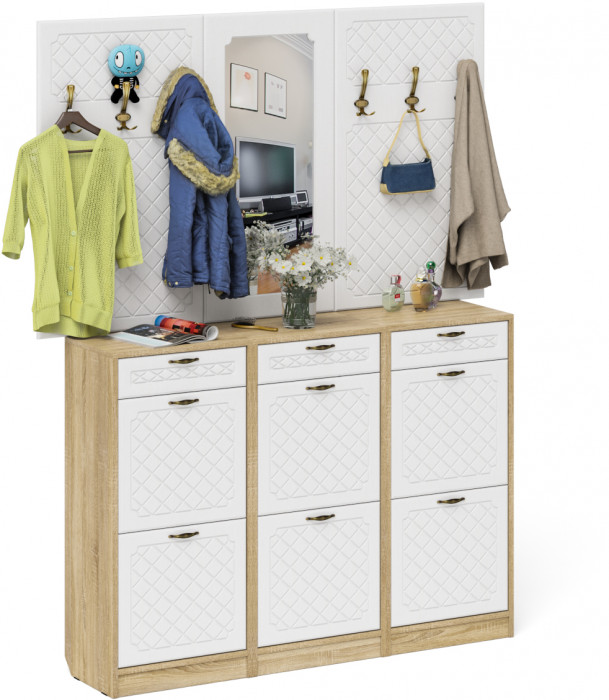 Прихожая П-6 Компоновка № 06, цвет дуб сонома/фасады МДФ белое дерево фрезеровка ромб, ШхГхВ 170х35х200 см., универсальная сборка