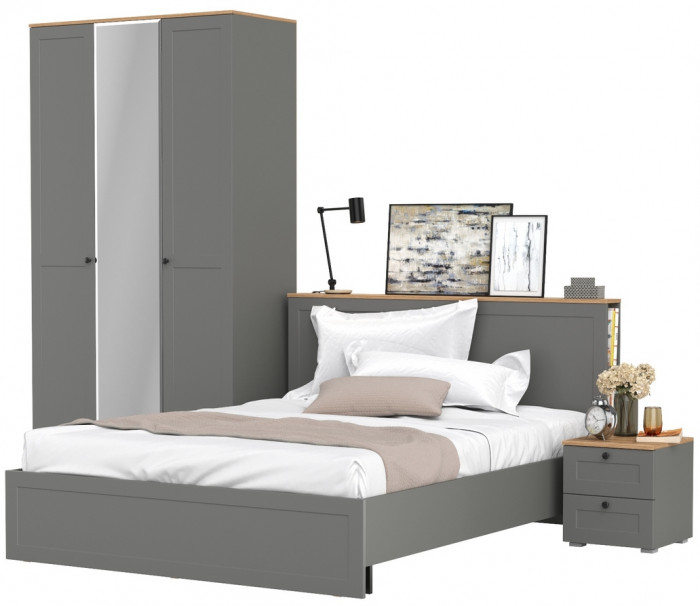 Остин 11.53 Кровать + ортопед + 13.336.03 Шкаф для одежды + 16.152 Тумба прикроватная, серый графит/дуб крафт золотой