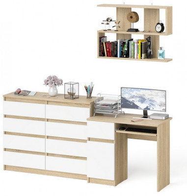 Мори Стол компьютерный МС-1 левый + Комод МК1200.8 + Полка 900, цвет дуб сонома/белый, ШхГхВ 210,4х50х209,6 см., НЕ универсальная сборка
