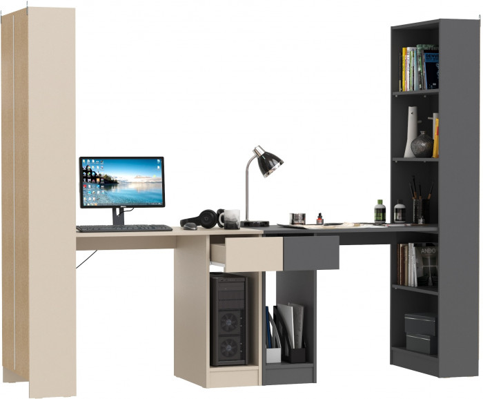 Два Стола письменных Лайт 10.01, цвет сатин/тёмно-серый, ШхГхВ 230,6х58,2х179 см., универсальная сборка(обязательно крепление к стене)