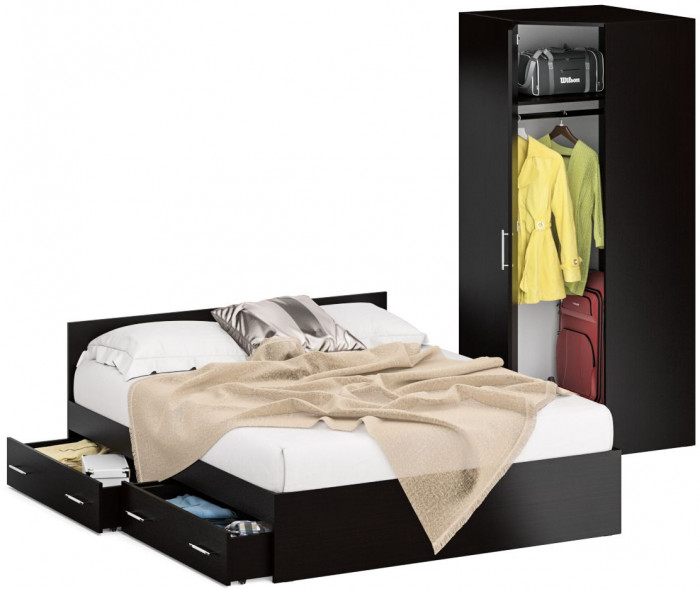 Кровать с ящиками 1600 + Шкаф угловой Стандарт, цвет венге, ШхГхВ 163,5х203,5х70 + 81,2х81,2х200 см., сп.м. 1600х2000 мм., без матраса, основание есть