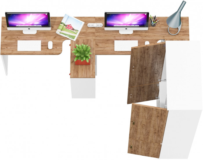 Лидер-8 Стол + Стол + Шкаф МД 20Б, цвет белый шагрень/крафт золото, ШхГхВ 410х50/37,5х75/190 или 230х160/50х75/190 см., НЕ универсальная сборка