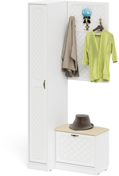 Прихожая П-6 Компоновка № 41, цвет белая шагрень/фасады МДФ белое дерево фрезеровка ромб, ШхГхВ 90х50х210 см., универсальная сборка