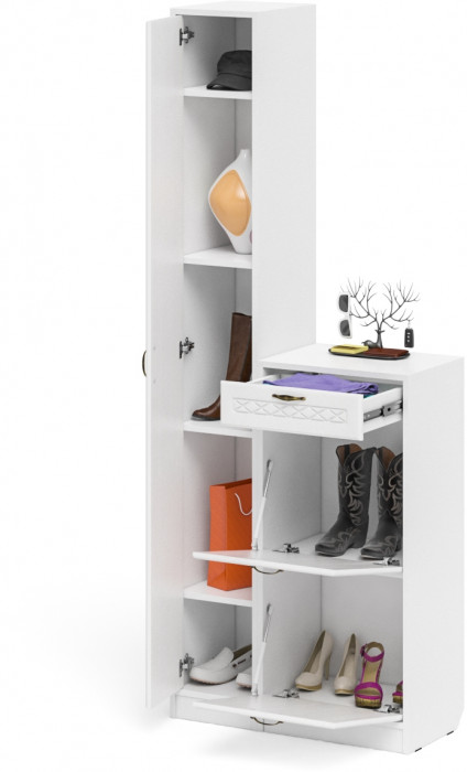 Прихожая П-6 Компоновка № 22, белая шагрень/фасады МДФ белое дерево фрезеровка ромб