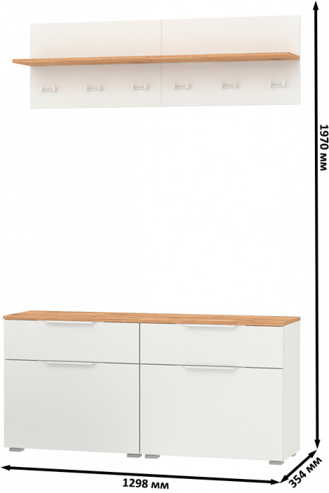 Октава Прихожая 03, цвет белый шагрень/дуб крафт золотой/фасады МДФ белый шагрень, ШхГхВ 129,8х35,4х197 см.