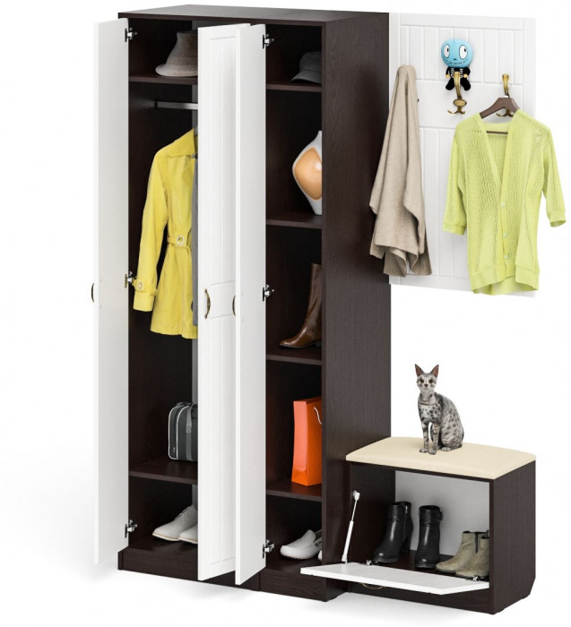 Прихожая П-6 Компоновка № 47, цвет венге/фасады МДФ белое дерево фрезеровка прованс, ШхГхВ 150х50х210 см., универсальная сборка