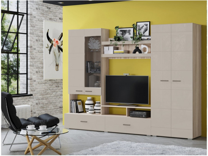 Гостиная Гамма-17 МДФ (Белый глянец, Ясень шимо светлый)