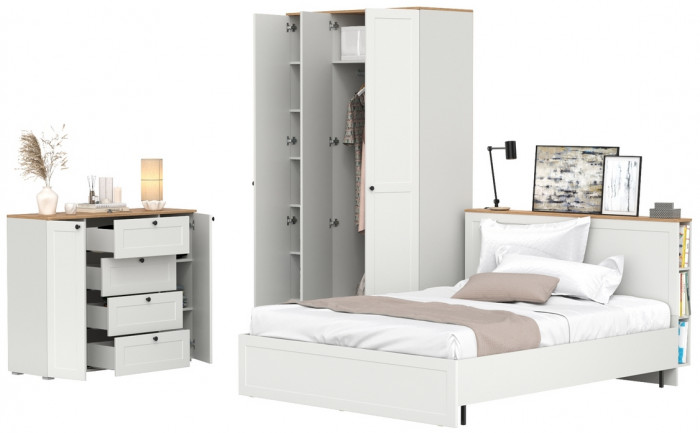 Остин 11.53 Кровать + ортопед + 13.336.03 Шкаф для одежды + 16.221 Комод, белый шагрень/дуб крафт золотой