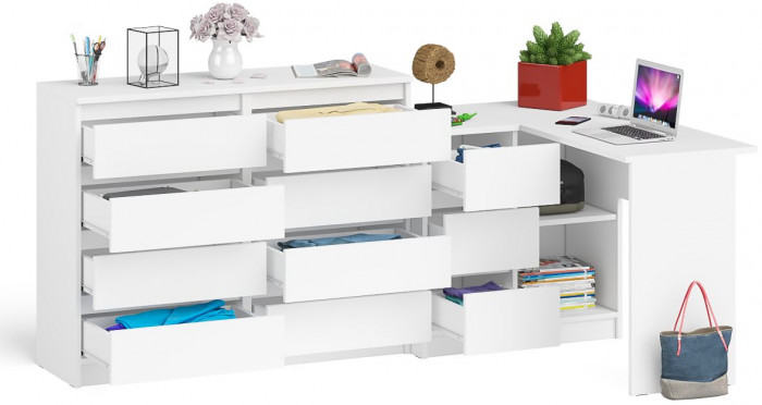 Мори Стол компьютерный МС-16 левый + Комод МК1200.8, цвет белый, ШхГхВ 244,8х84,9х94 см., выдвижные ящики слева, НЕ универсальная сборка