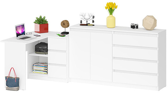 Мори Стол компьютерный МС-16 правый + Комод МК1600.1, цвет белый, ШхГхВ 284,8х84,9х94 см., выдвижные ящики справа, НЕ универсальная сборка