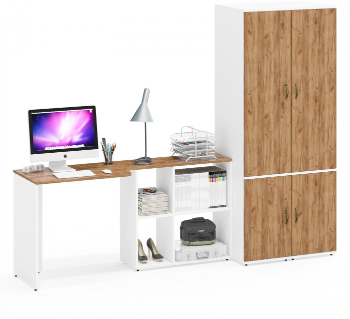 Лидер-8 Стол + Пенал МД 23Б + Пенал МД 23Б, белый шагрень/крафт золото