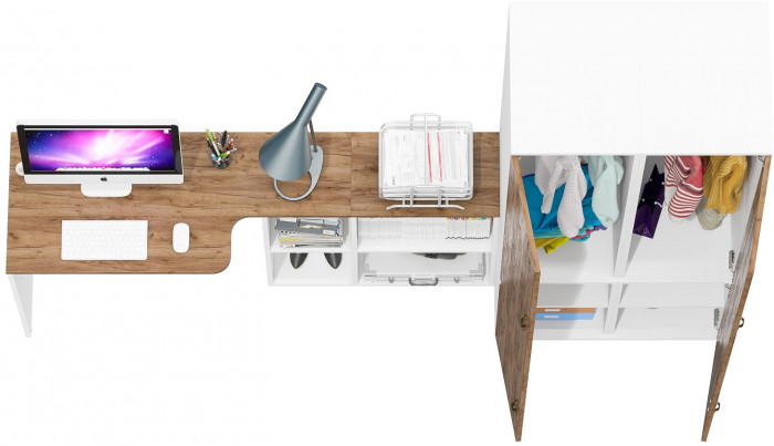 Лидер-8 Стол + Пенал МД 23Б + Пенал МД 23Б, белый шагрень/крафт золото